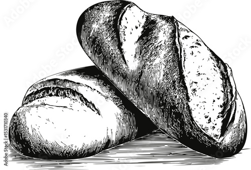 Detailed black and white sketch of two rustic loaves of bread, hand-drawn. Vector illustration