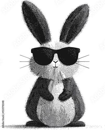 Cool rabbit wearing sunglasses in detailed black and white. Vector illustration