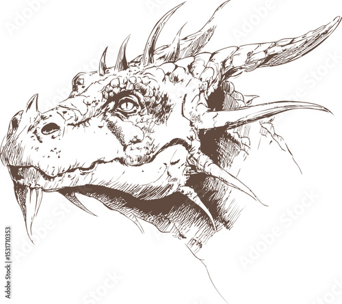 Detailed ink drawing of a mythical dragon head with spikes and intense gaze. Vector illustration