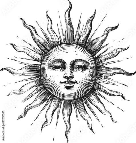 Illustrated sun with face and radiant rays in vintage style. Vector illustration