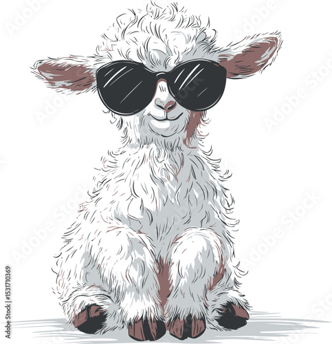 Cute fluffy lamb wearing cool sunglasses, sitting happily with a smile. Vector illustration