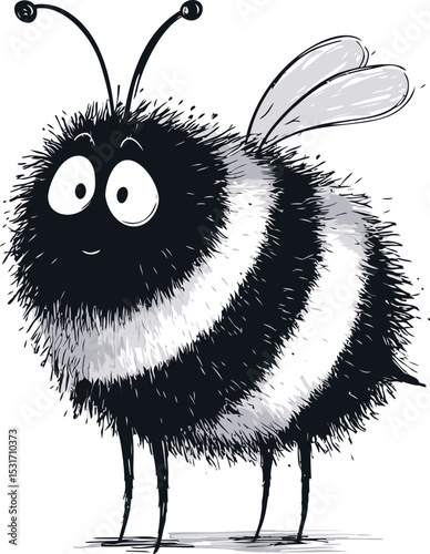 Furry cartoon bee with expressive eyes and striped body, black and white art. Vector illustration