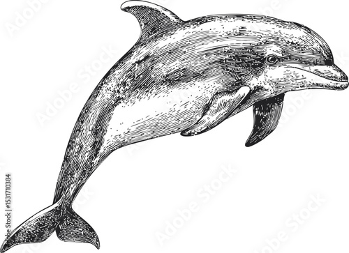 Detailed black and white illustration of a dolphin in vintage sketch style. Vector illustration
