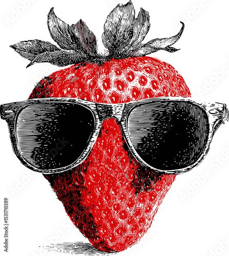 Strawberry wearing sunglasses in a whimsical black and red sketch style. Vector illustration