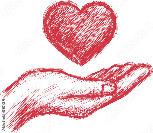 Hand holding a sketched red heart with love and care. Vector illustration