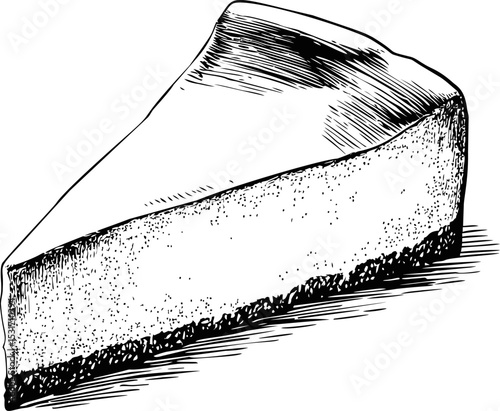 Sketch of a cheesecake slice with detailed texture and shading, black and white drawing. Vector illustration