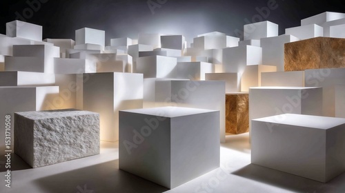 Geometric city white and textured cubes