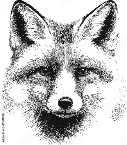 Detailed black and white fox face illustration with intricate fur details. Vector illustration