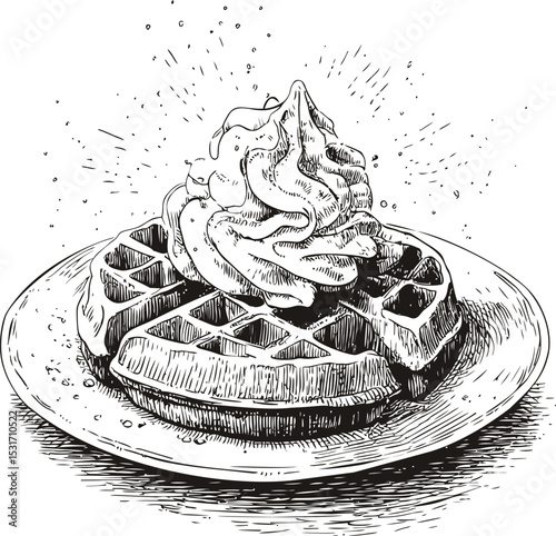 Detailed black and white sketch of waffles with whipped cream on a plate. Vector illustration