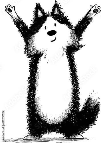 Cute fluffy cartoon dog raising paws happily in monochrome sketch style. Vector illustration