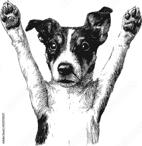 Black and white illustration of a playful dog with raised paws. Vector illustration in sketch style