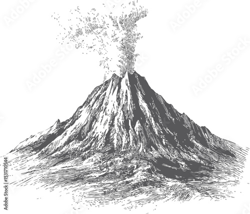 Detailed black and white etching of erupting volcano with billowing smoke in sketch style. Vector illustration