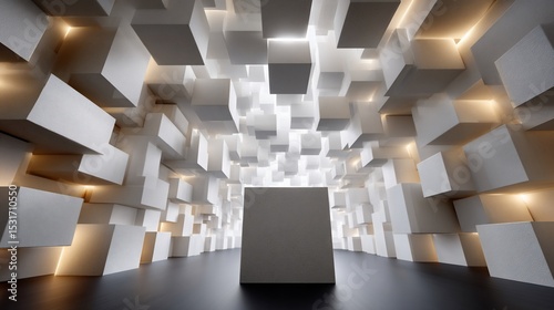Geometric Hallway Cube Display with Illuminated Recesses