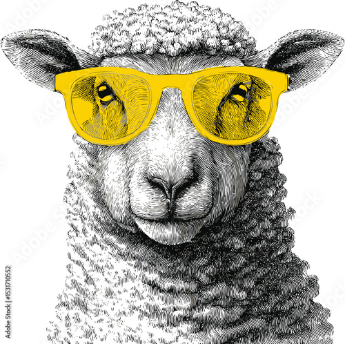 Sheep wearing bright yellow sunglasses in trendy illustration style. Vector illustration