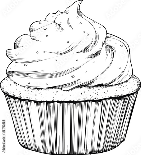 Black and white sketch of cupcake with swirled icing and sprinkles detail. Vector illustration