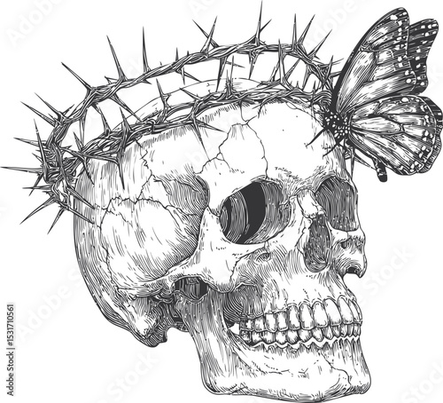 Detailed skull illustration with thorn crown and butterfly concept art. Vector illustration in sketch style