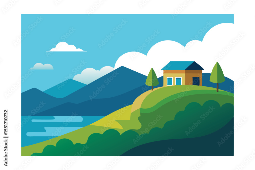 Obraz premium Hilltop Home with Panoramic Lake View Vector