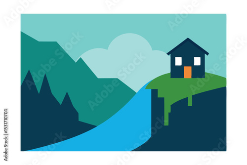 Hilltop Home with Panoramic Lake View Vector 