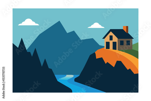 Hilltop Home with Panoramic Lake View Vector Illustration