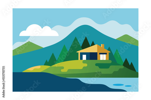 Hilltop Home with Panoramic Lake View Vector Illustration