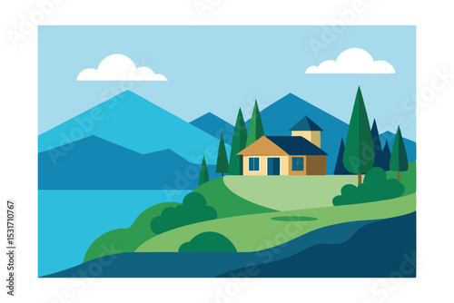 Hilltop Home with Panoramic Lake View Vector Illustration