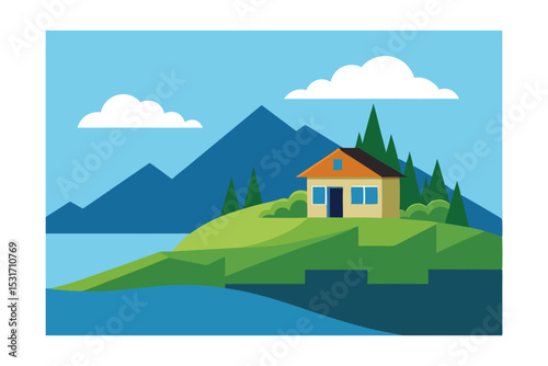 Hilltop Home with Panoramic Lake View Vector Illustration