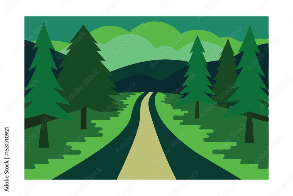 Obraz premium Gravel Road Into Deep Green Forest Vector