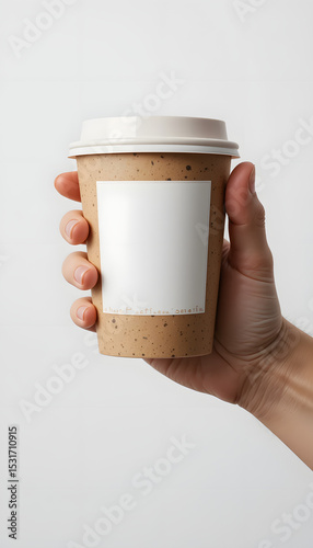 A hand holding a paper coffee cup mockup with a blank white label.