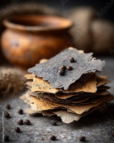Stacked rustic crackers topped with peppercorns