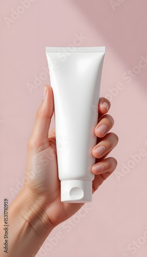 a hand holding a cosmetic tube mockup with blank white label.