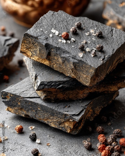 Stacked slate stones topped with peppercorns