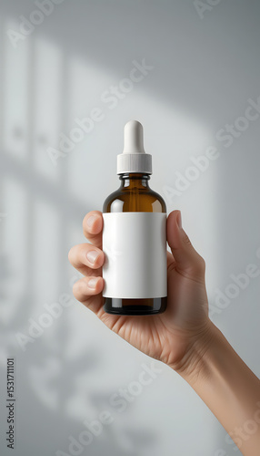 A Hand holding a glass dropper bottle mockup with blank white label.