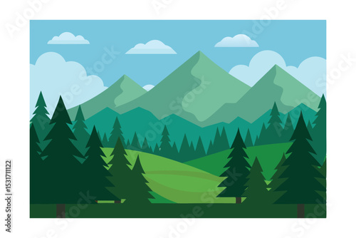 Forest Clearing with Distant Mountains Landscape Vector Illustration