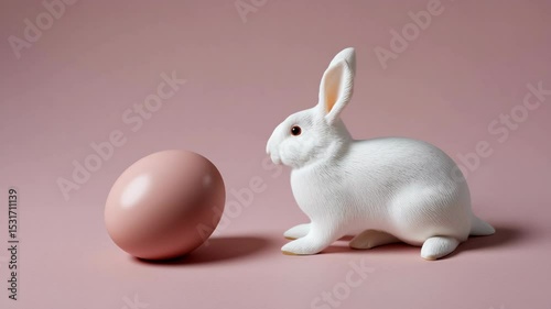 Charming white rabbit and cute pastel pink egg create delightful animal decoration for spring celebrations in this whimsical scene.