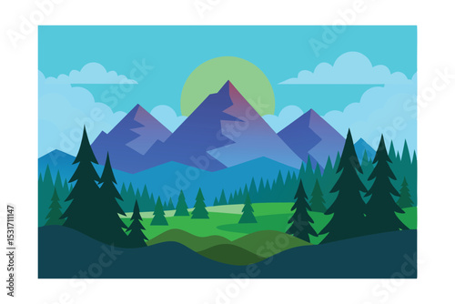 Forest Clearing with Distant Mountains Landscape Vector Illustration