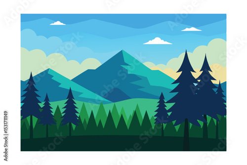 Forest Clearing with Distant Mountains Landscape Vector Illustration