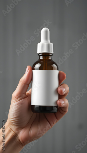 A Hand holding a glass dropper bottle mockup with blank white label.