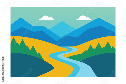 Flat Style River and Valley Landscape Vector 