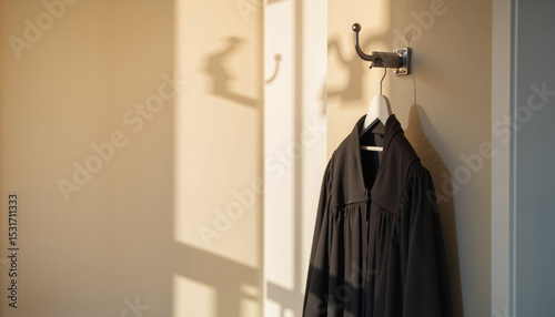 Judicial robe hanging on a hook against a sunlit wall