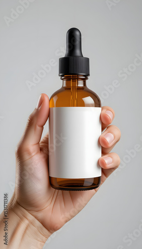 A Hand holding a glass dropper bottle mockup with blank white label.