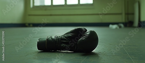 Abandoned boxing glove on gym floor; blurry background