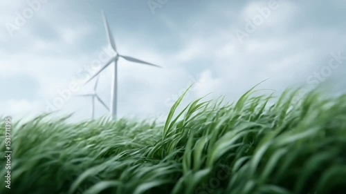 Lush green grass swaying in wind with wind turbines creates serene landscape, showcasing beauty of renewable energy in nature.
