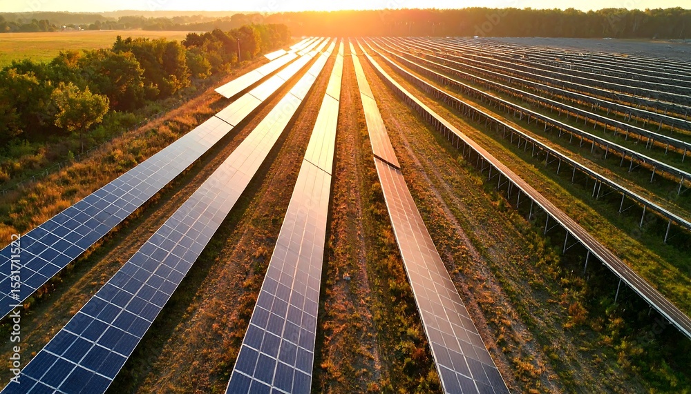 Fototapeta premium Aerial view of solar panel field at golden hour evokes energy, technology, and sustainability.