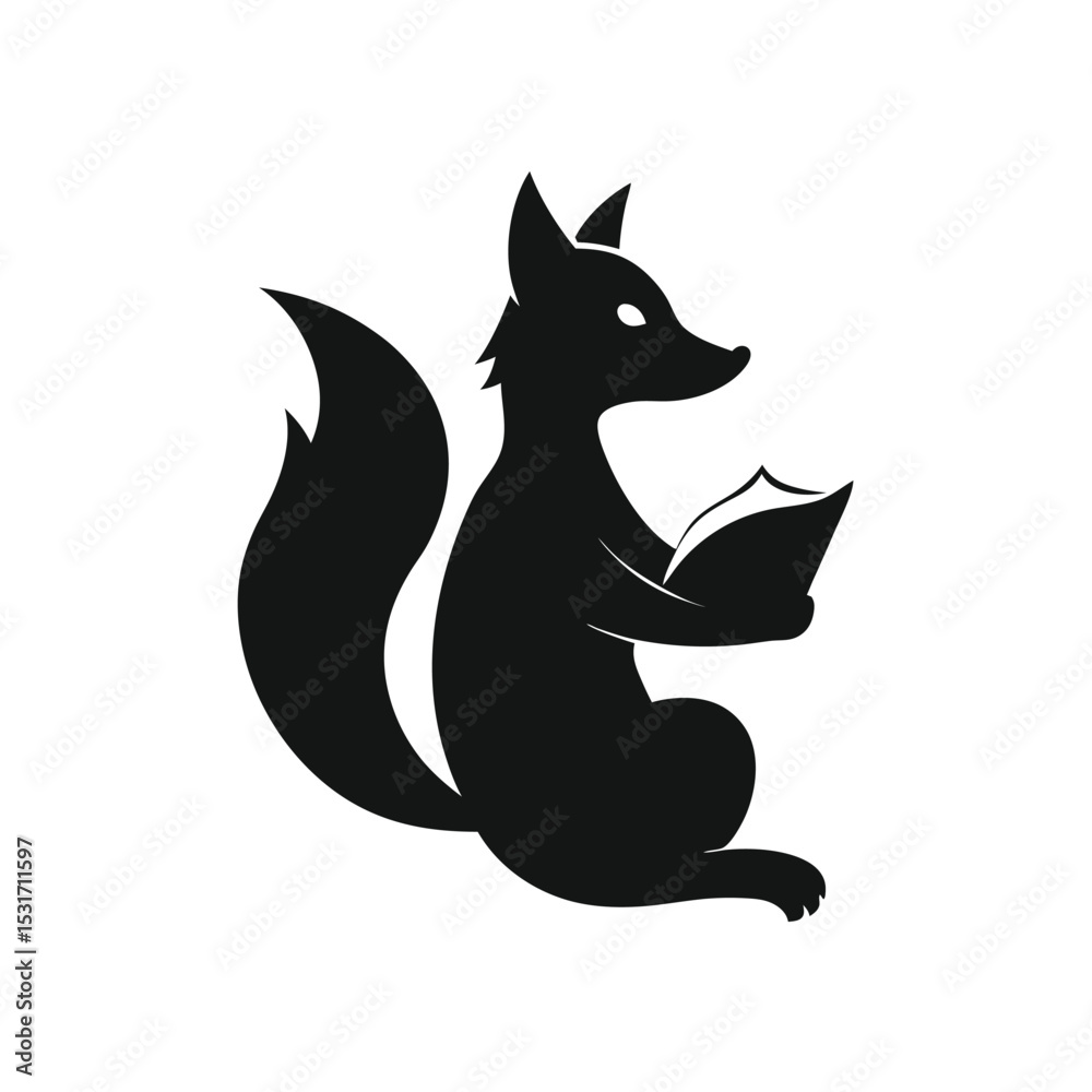 Naklejka premium Silhouette of a smart fox reading a book with focus vector illustration.