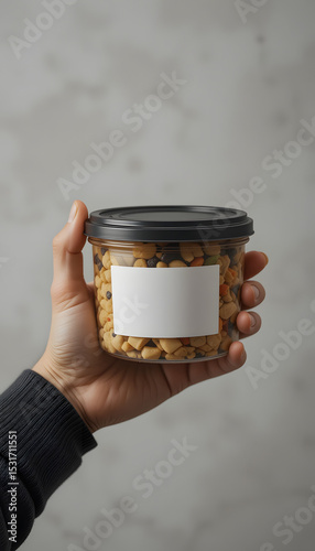 a hand holding a food container mockup with a blank label sticker.