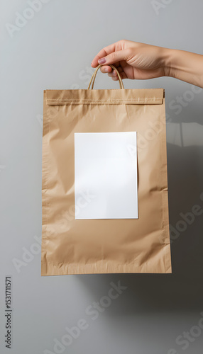 A hand holding a kraft paper bag mockup with blank white tag.