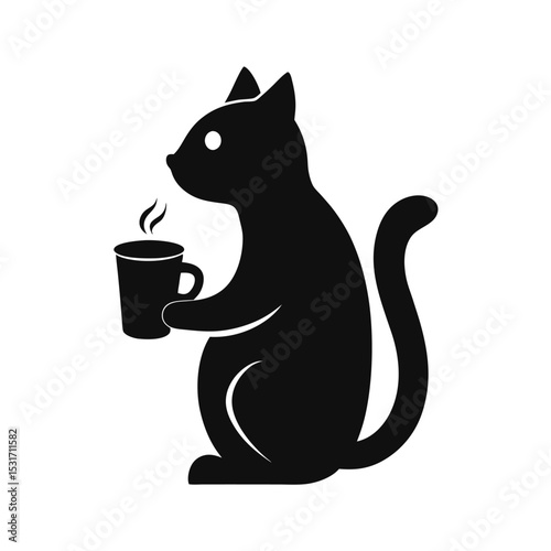 Silhouette of a cool cat sipping coffee with elegance vector illustration.