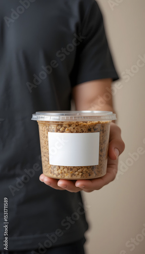 a hand holding a food container mockup with a blank label sticker.