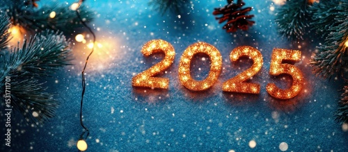Snowy 2025 lit number on blue; festive background