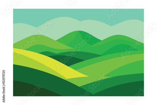 Bright Scenic Poster with Layered Green Hills 